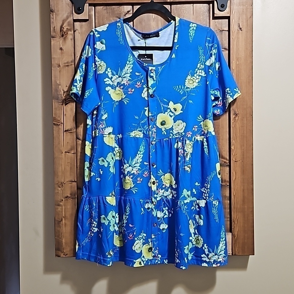 Jolie Clothes Blue Yellow Green Floral Cotton Tiered Coverup Top Size Medium